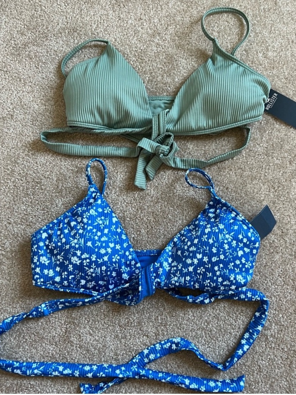 Hollister Sage Green Ribbed Bikini Top & Blue Floral Tie Bikini